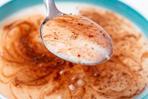 Spoon with cottage cheese, yogurt and cocoa, close -up (Flip 2020)