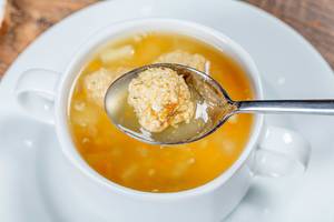 Spoon with hot soup and meatballs closeup (Flip 2019)
