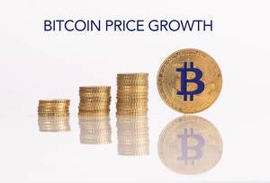 Stack of gold coins with golden Bitcoin and Bitcoin price growth text
