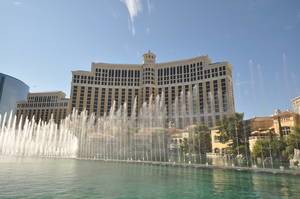 Summer Day Photo of Bellagio Hotel with Water Fountain Show in front in Las Vegas, Nevada