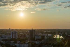 Sunset over Berlin: Ariel view of the Select Hotel Spiegelturm to the train station in Spandau