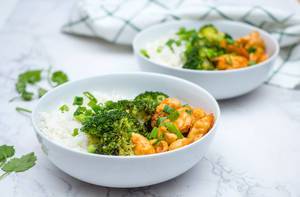 Sweet and Sour Chicken with Rice and Broccoli in a White Bowl  (Flip 2019)