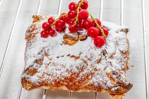 Sweet strudel with powdered sugar and a sprig of fresh red currant (Flip 2019)
