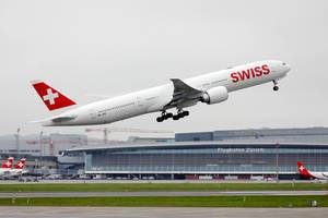 Swiss Air Lines B777 taking off from Zurich Airport, HB-JND