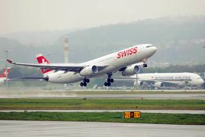 Swiss Airbus A330 taking off from Zurich Airport