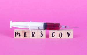 Syringe with wooden blocks and text Mers Cov
