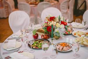 Table set in restaurant for celebration. Industry, arrangement.  Flip 2019