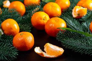 Tangerines with Christmas tree branches on a black background