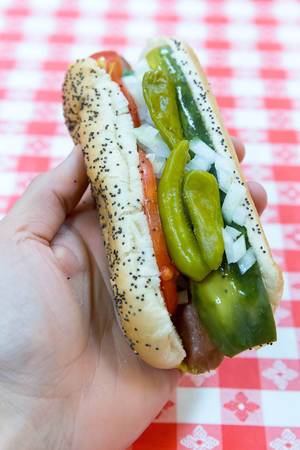 Tasty Chicago-style hot dog: yellow mustard, chopped white onions, bright green sweet pickle relish, a dill pickle spear, tomato slices and pickled sport peppers