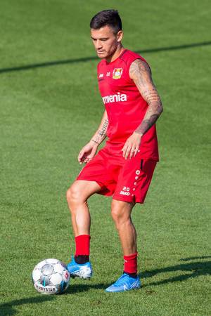 Tattooed football player Charles Aránguiz of German football club Bayer 04 Leverkusen during training session