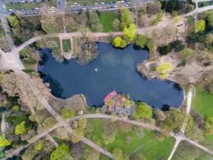 Teich im Park Volksgarten in Köln aus der Vogelperspektive