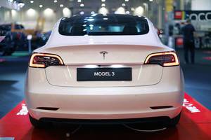 Tesla Model 3, back view, Bucharest Auto Show 2019, SAB