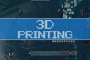 Text 3D Printing vor einer elektronischen Leiterplatte als Hintergrund