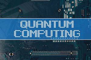 Text Quantum Computing vor einer elektronischen Leiterplatte als Hintergrund
