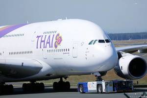 Thai Airways Airbus A388 being towed in FRA, close-up