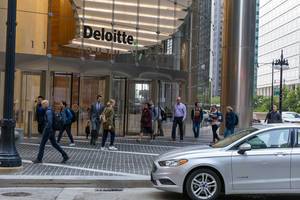The entrance to the Deloitte headquarters in downtown Chicago