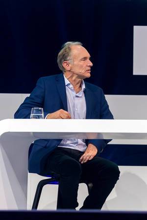 The inventor of the World Wide Web, Sir Tim Berners-Lee, talks about the future of the internet at the Digital X event in Cologne, Germany