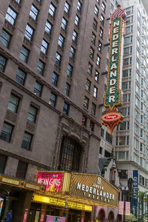 The large sign and marquee of the recently renamed James M. Nederlander Theatre in the Loop area of Chicago