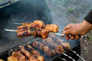The male hand holds a skewer with barbecue. Summer picnic concept