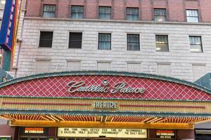 The marquee of the Cadillac Palace Theatre, renovated in 1999 and operated by Broadway In Chicago