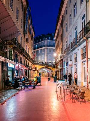 The Pink Street with Outdoor Cafes, Bars and Clubs in Lisbon, Portugal