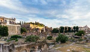 The sun is shining on the Ruins of Roman Forum