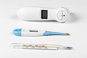 Three types of thermometers for measuring body temperature in a patient on a white background (Flip 2019)