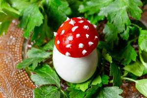 Toadstools made from boiled eggs and tomatoes