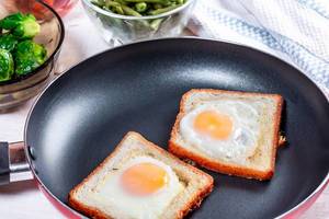 Toast bread with fried eggs in a frying pan (Flip 2019)