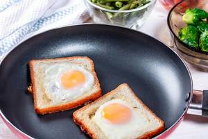 Toast bread with fried eggs in a frying pan