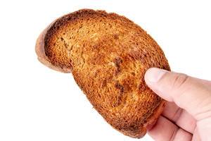 Toasted Bread in the hand above white background (Flip 2019)