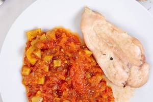 Tomato Stew with fried Chicken Breasts
