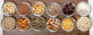 Top view, assortment of cereals, nuts, grains and seeds (Flip 2019)
