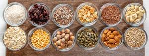 Top view, assortment of cereals, nuts, grains and seeds