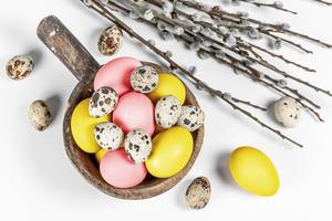 Top view, colored eggs with willow branches on a white background (Flip 2020)