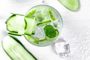 Top view cooling cucumber drink with ice cubes (Flip 2019)
