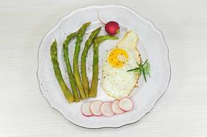 Top View Food Photo of Asparagus with Fried Egg on a White Plate