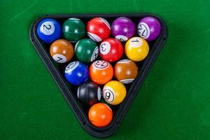 Top view of billiard balls on green table