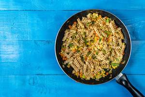 Top view of Cooked Vegetables with Pasta with Copy Space