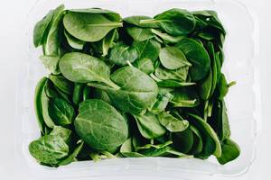 Top view of fresh spinach on white background.