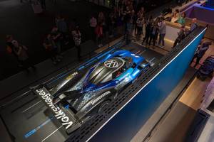Top view of ID.Volkswagen fully electric racing car, exhibited at German car show IAA