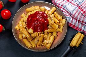 Top view pasta with minced meat and tomato sauce (Flip 2019)