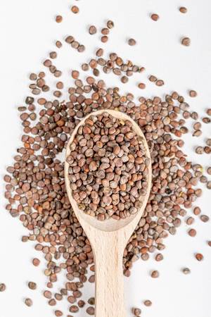 Top view, radish seeds in a wooden spoon on white background (Flip 2020)