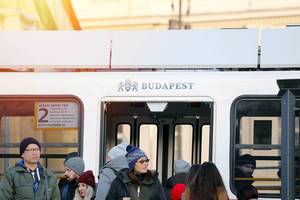 Tourists waiting Budapest tram
