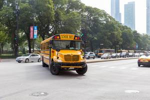 Traditional American school bus on the streets of Chicago