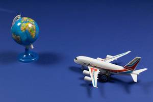 Travel theme with miniature airplane and globe