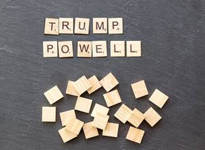 Trump Powell memory on a stone background