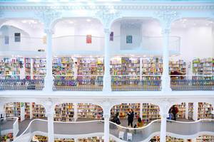 Two floors of books in a bookshop, new modern design, interior (Flip 2019)