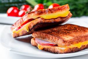 Two fried on grilled sandwiches with cheese and ham