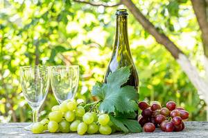 Two glasses, a bottle and fresh grapes with leaves on a blurred background of nature